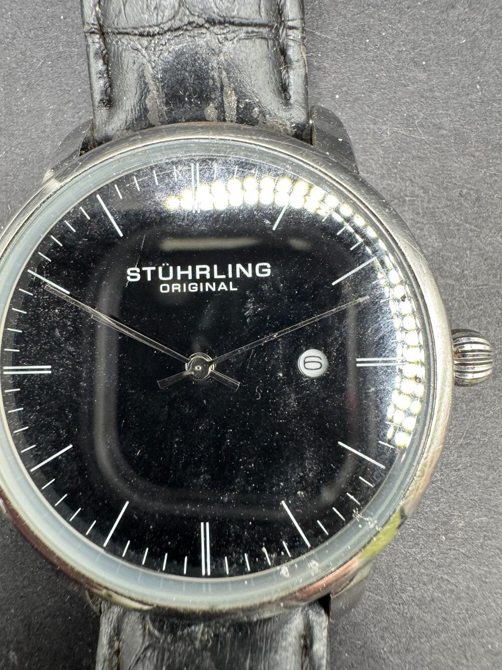 Stuhrling Original Men's 40 mm Ultra-Slim Black Dial Dress Watch Leather Band